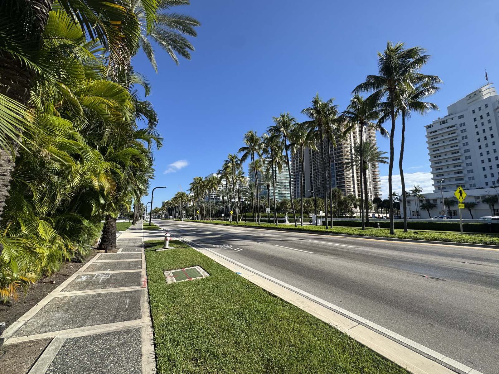 Collins Avenue en Bal Harbour mirando al norte, con acera de losas de piedra, palmeras y mediana sembrada, 27 de septiembre de 2026