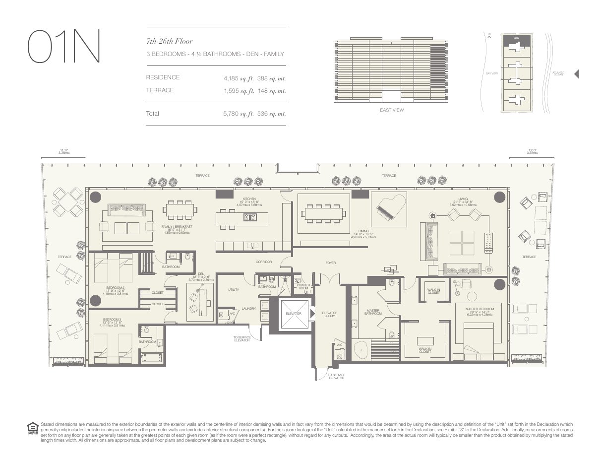 Plano 01N de Oceana Bal Harbour: 3 dormitorios, 4½ baños, 4.185 pies cuadrados de residencia y 1.595 de terraza