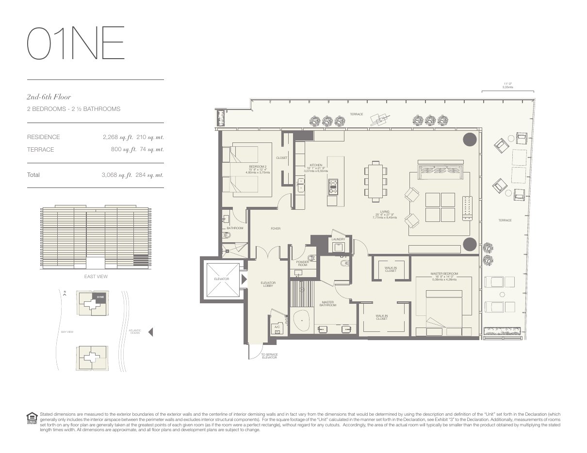 Plano 01NE de Oceana Bal Harbour: 2 dormitorios, 2½ baños, 2.268 pies cuadrados de residencia y 800 de terraza