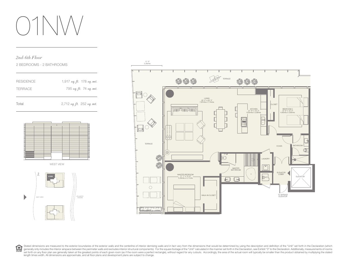 Plano 01NW de Oceana Bal Harbour: 2 dormitorios, 2 baños, 1.917 pies cuadrados de residencia y 795 de terraza