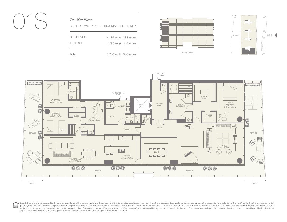 Plano 01S de Oceana Bal Harbour: 3 dormitorios, 4½ baños, 4.185 pies cuadrados de residencia y 1.595 de terraza