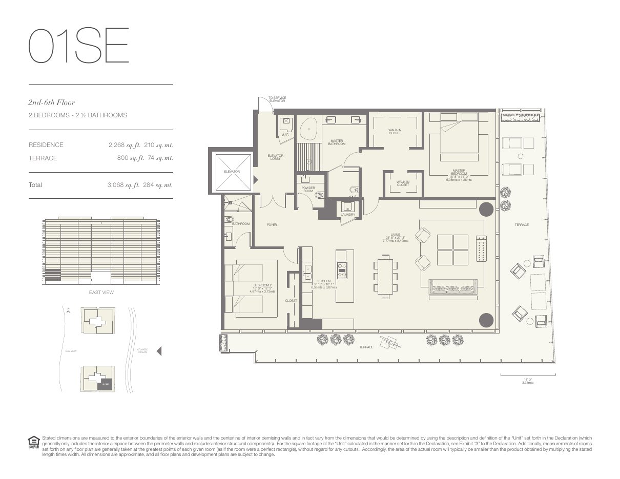 Plano 01SE de Oceana Bal Harbour: 2 dormitorios, 2½ baños, 2.268 pies cuadrados de residencia y 800 de terraza