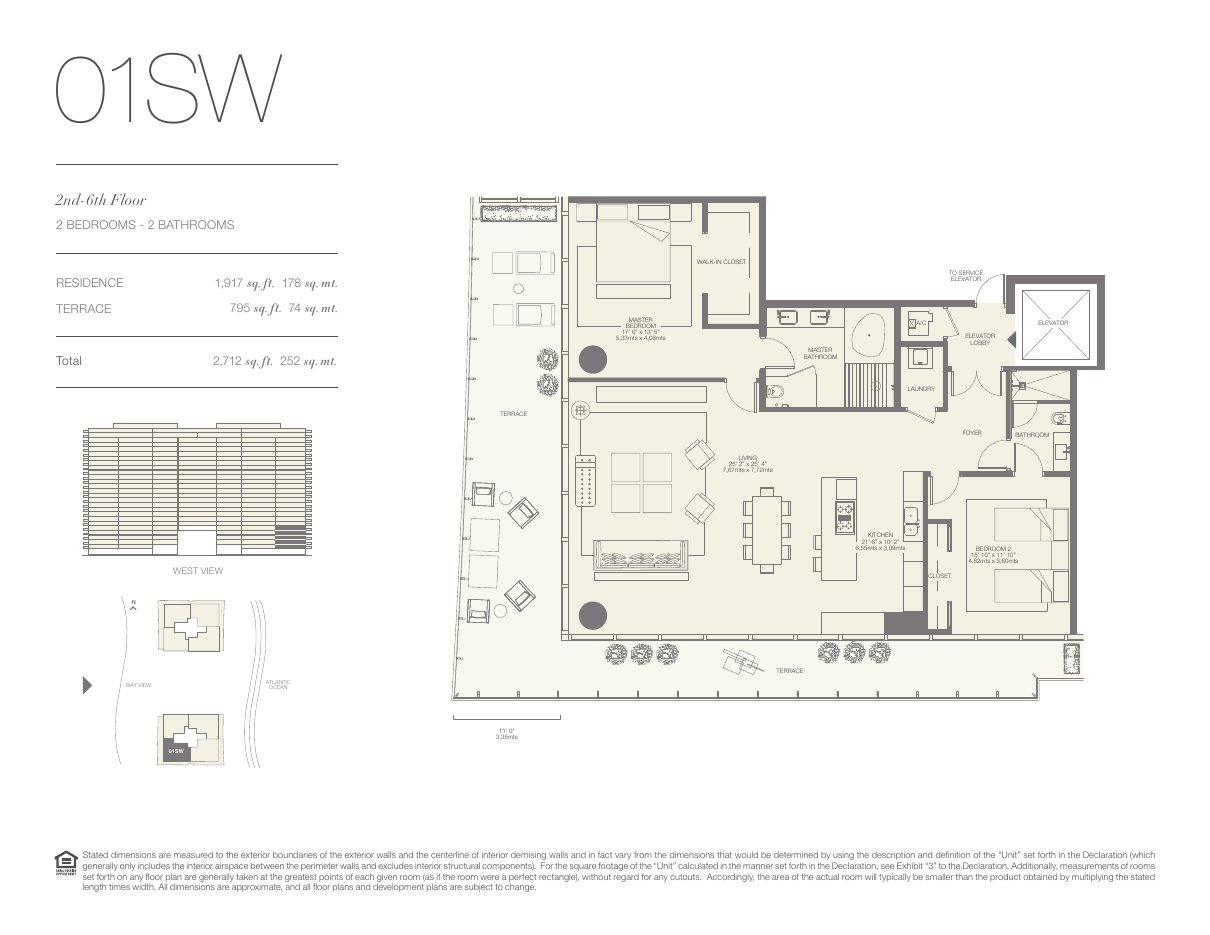 Plano 01SW de Oceana Bal Harbour: 2 dormitorios, 2 baños, 1.917 pies cuadrados de residencia y 795 de terraza