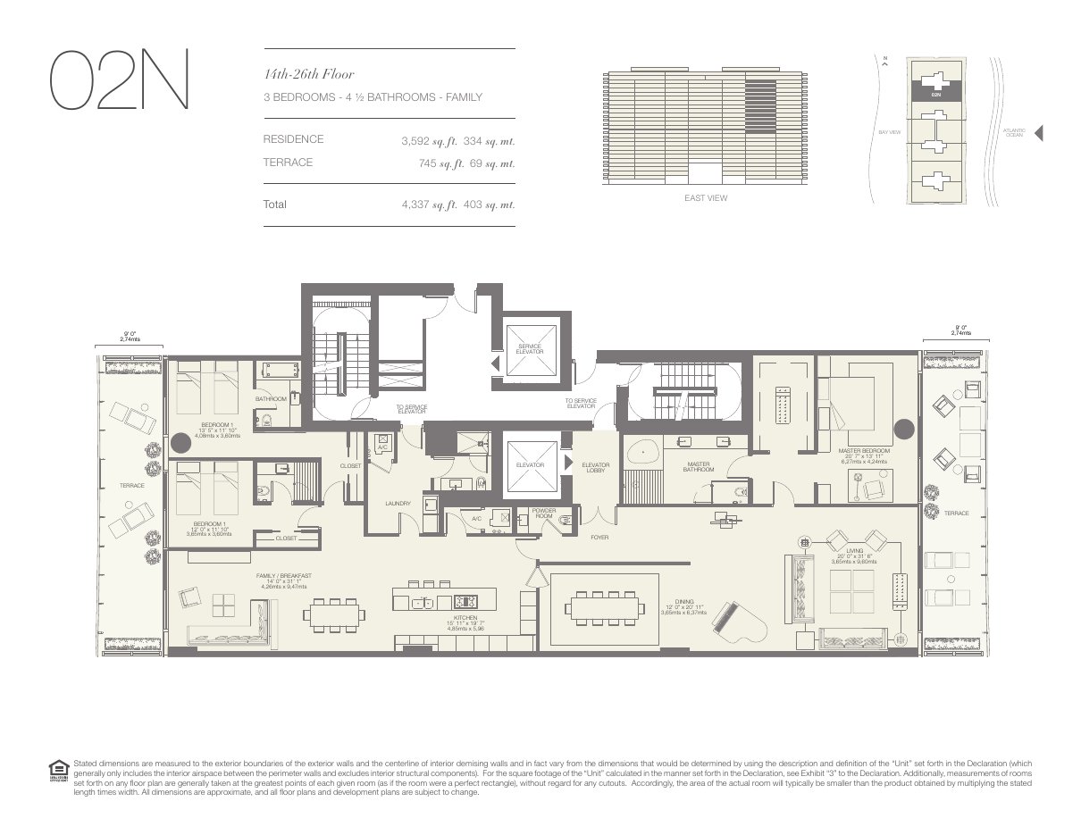 Plano 02N de Oceana Bal Harbour: 3 dormitorios, 4½ baños, 3.592 pies cuadrados de residencia y 745 de terraza