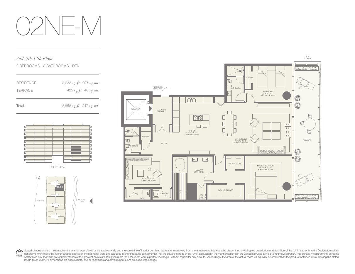 Plano 02NE-M de Oceana Bal Harbour: 2 dormitorios, 3 baños, 2.233 pies cuadrados de residencia y 425 de terraza