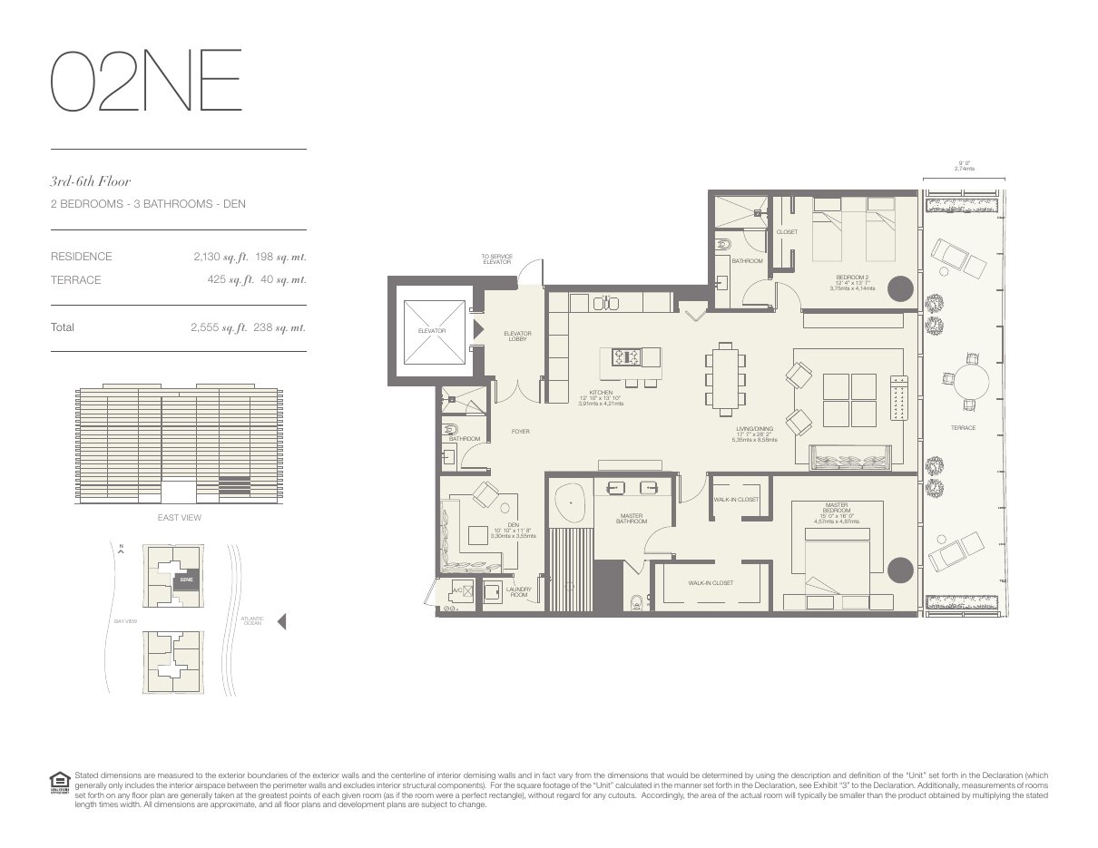 Plano 02NE de Oceana Bal Harbour: 2 dormitorios, 3 baños, 2.130 pies cuadrados de residencia y 425 de terraza
