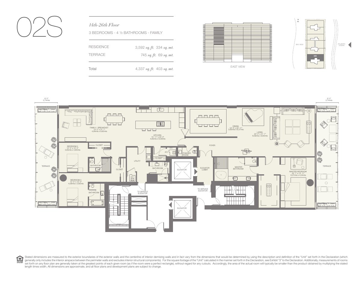 Plano 02S de Oceana Bal Harbour: 3 dormitorios, 4½ baños, 3.592 pies cuadrados de residencia y 745 de terraza