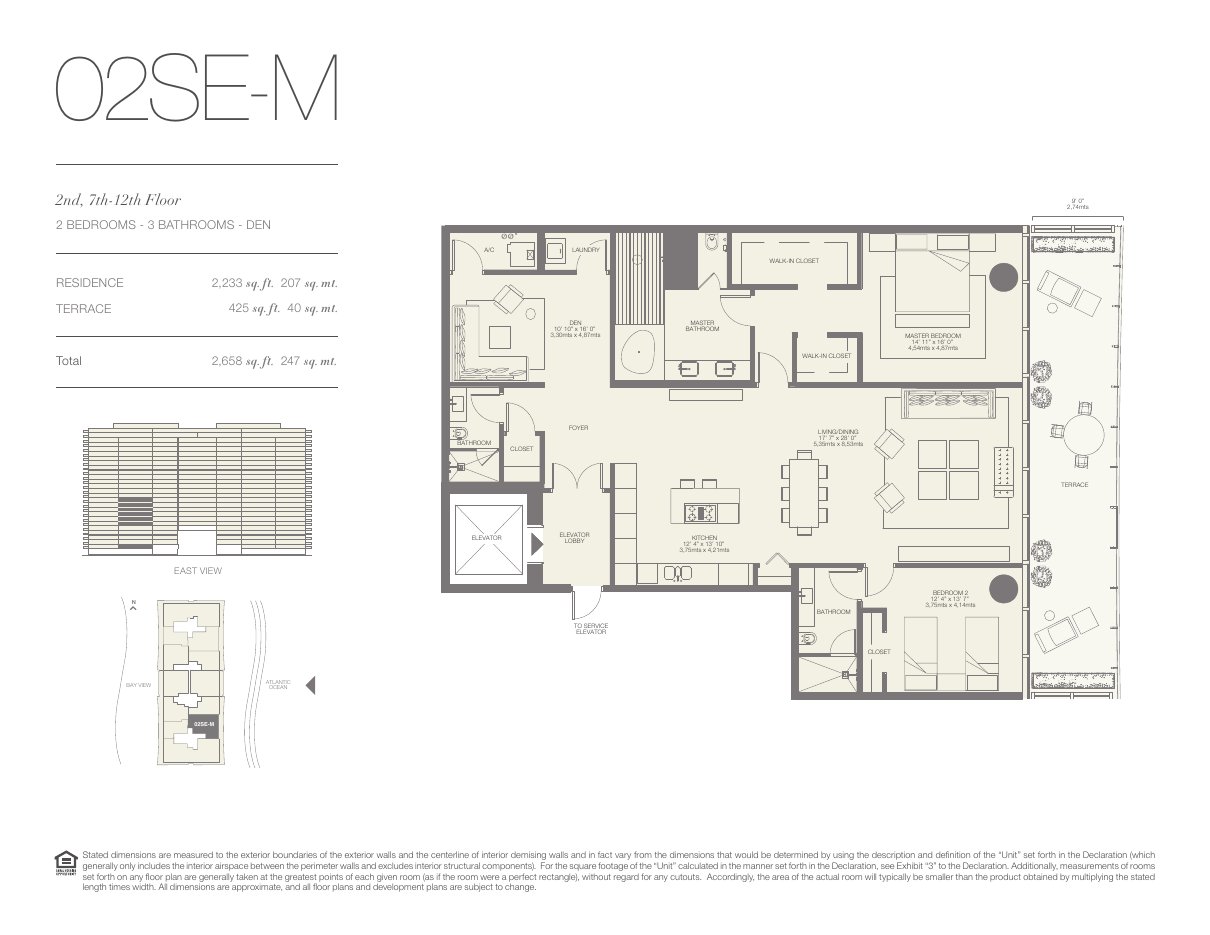 Plano 02SE-M de Oceana Bal Harbour: 2 dormitorios, 3 baños, 2.233 pies cuadrados de residencia y 425 de terraza