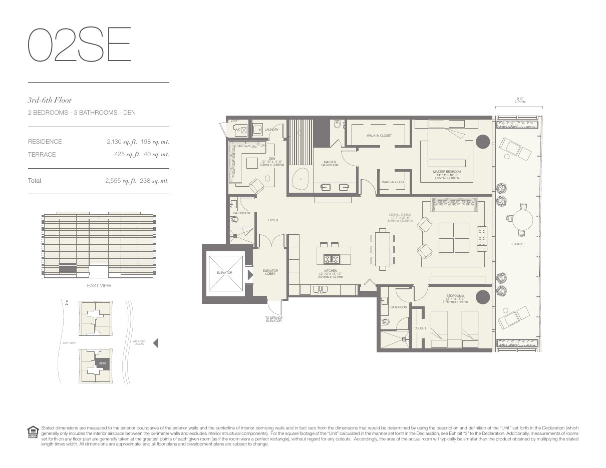 Plano 02SE de Oceana Bal Harbour: 2 dormitorios, 3 baños, 2.130 pies cuadrados de residencia y 425 de terraza
