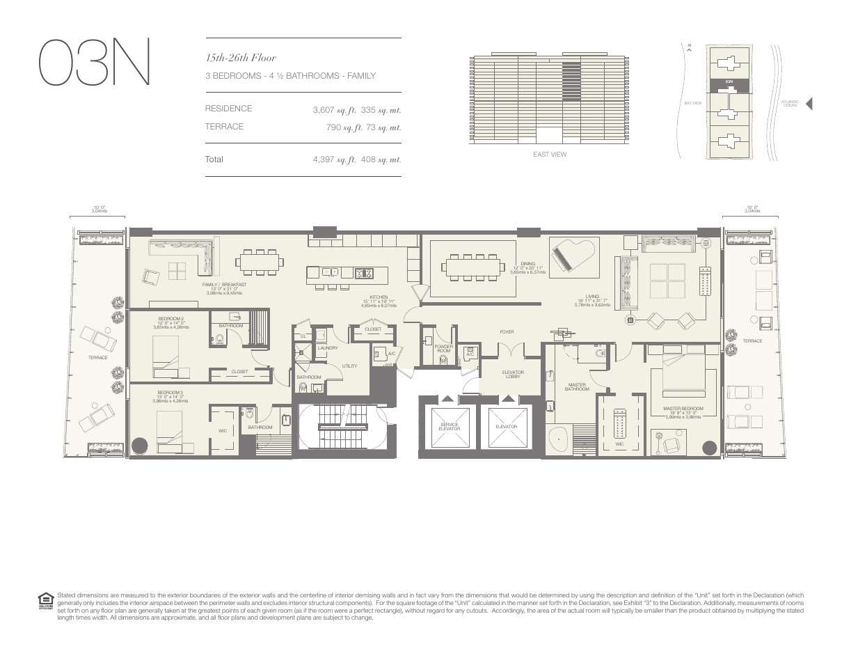 Plano 03N de Oceana Bal Harbour: 3 dormitorios, 4½ baños, 3.607 pies cuadrados de residencia y 790 de terraza
