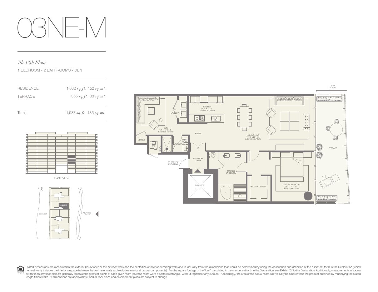 Plano 03NE-M de Oceana Bal Harbour: 1 dormitorio, 2 baños, 1.632 pies cuadrados de residencia y 355 de terraza