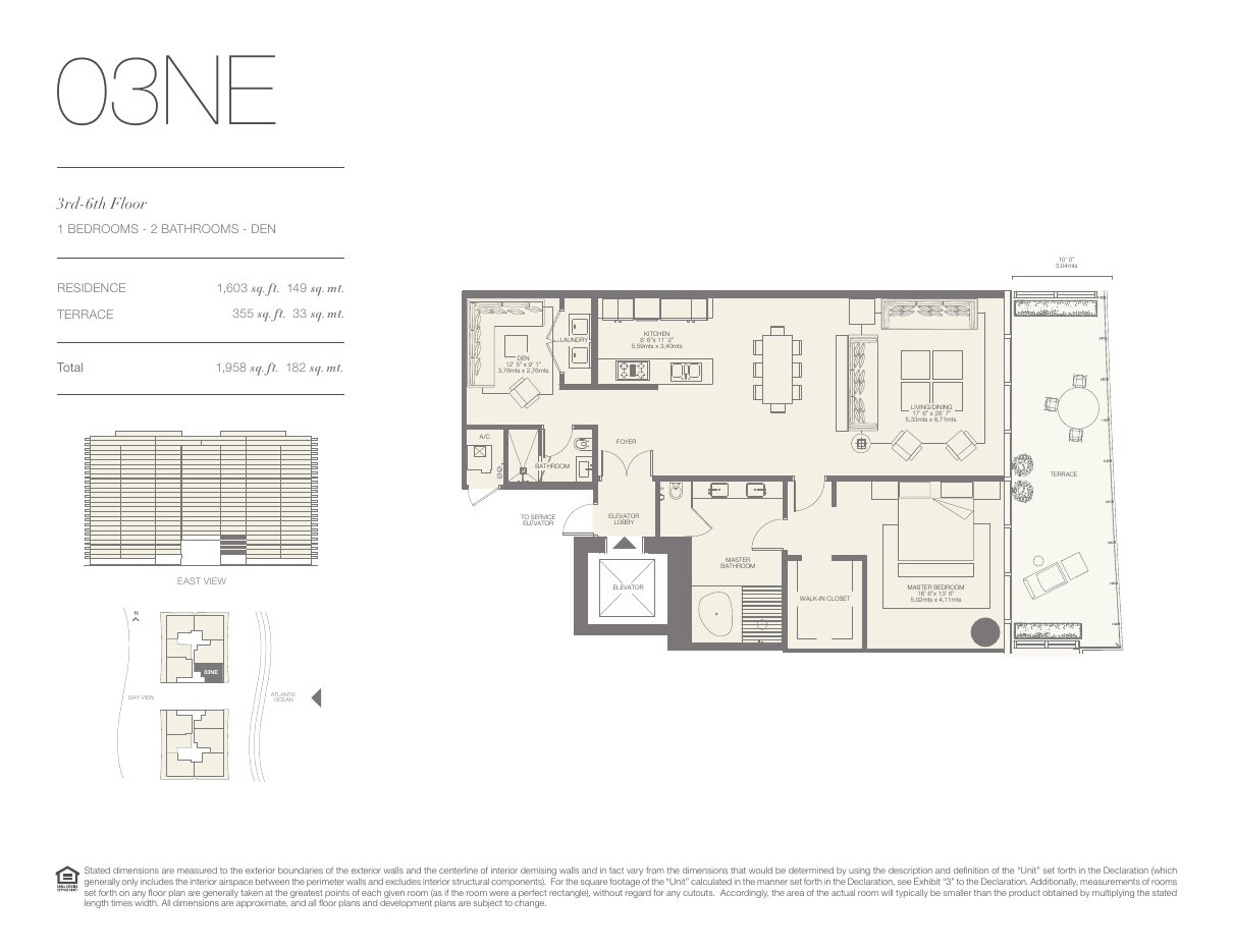 Plano 03NE de Oceana Bal Harbour: 1 dormitorio, 2 baños, 1.603 pies cuadrados de residencia y 355 de terraza