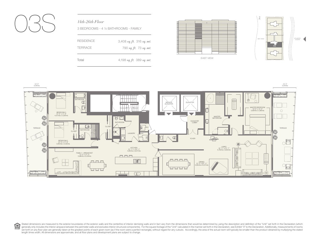 Plano 03S de Oceana Bal Harbour: 3 dormitorios, 4½ baños, 3.408 pies cuadrados de residencia y 790 de terraza