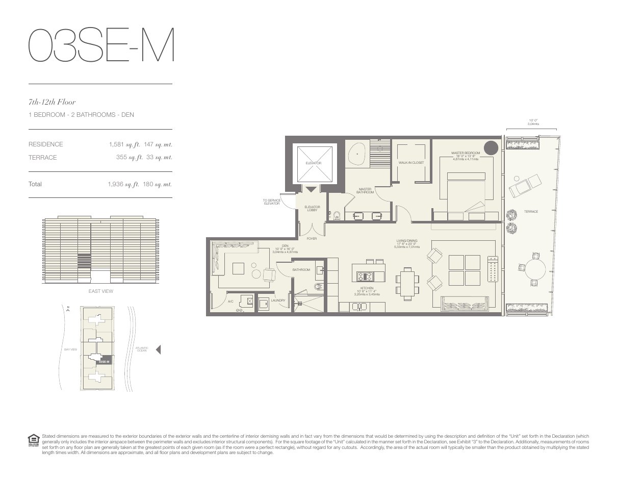 Plano 03SE-M de Oceana Bal Harbour: 1 dormitorio, 2 baños, 1.581 pies cuadrados de residencia y 355 de terraza
