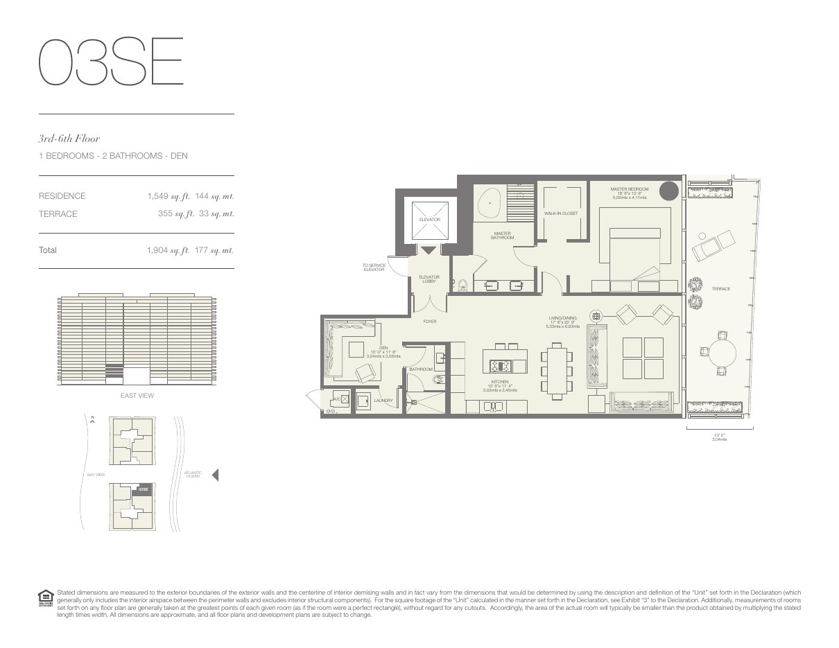 Plano 03SE de Oceana Bal Harbour: 1 dormitorio, 2 baños, 1.549 pies cuadrados de residencia y 355 de terraza
