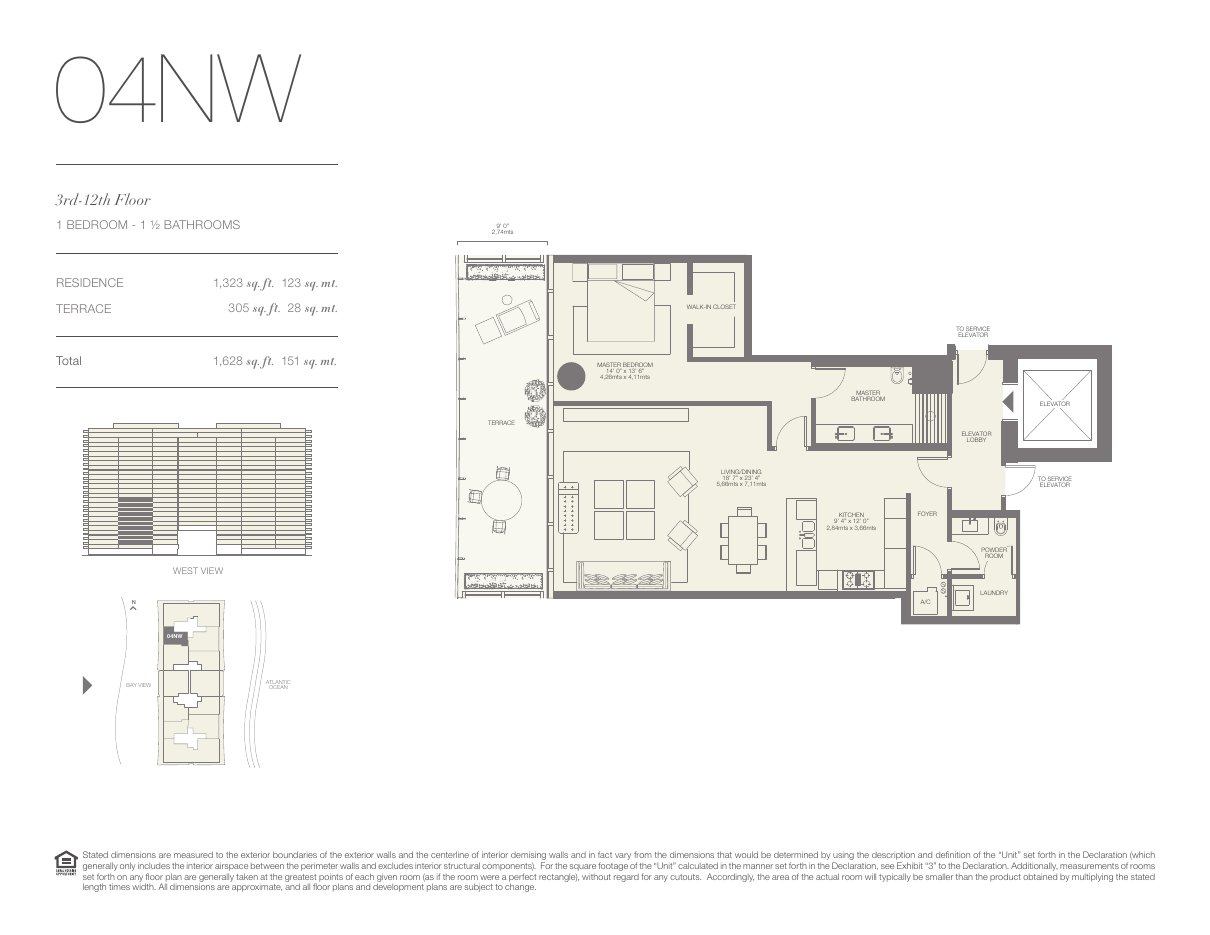 Plano 04NW de Oceana Bal Harbour: 1 dormitorio, 1½ baños, 1.323 pies cuadrados de residencia y 305 de terraza