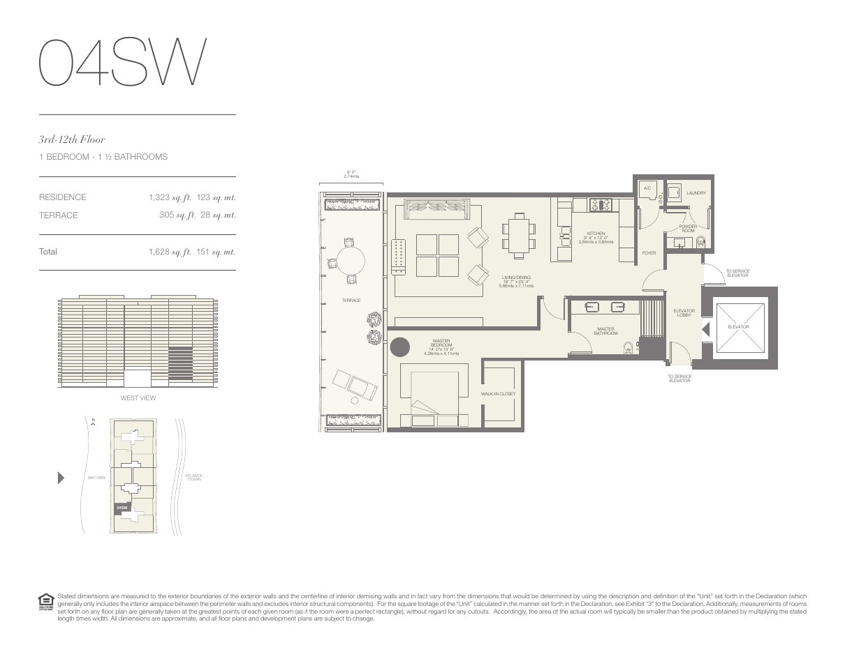 Plano 04SW de Oceana Bal Harbour: 1 dormitorio, 1½ baños, 1.323 pies cuadrados de residencia y 305 de terraza