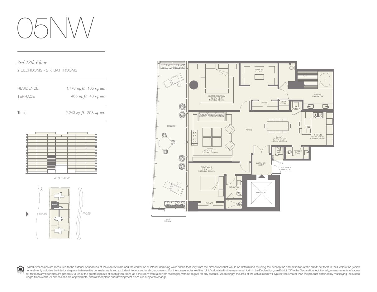 Plano 05NW de Oceana Bal Harbour: 2 dormitorios, 2½ baños, 1.778 pies cuadrados de residencia y 465 de terraza