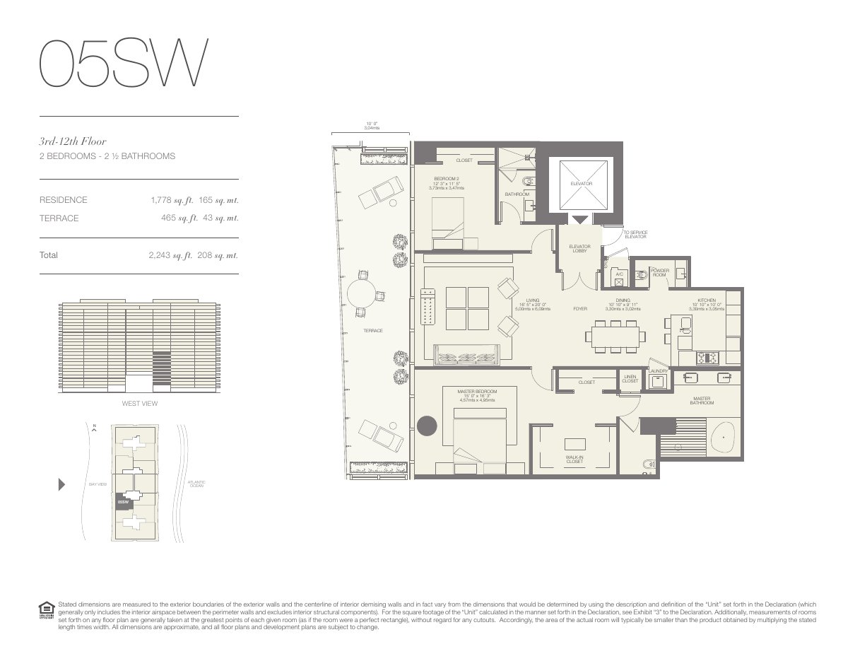 Plano 05SW de Oceana Bal Harbour: 2 dormitorios, 2½ baños, 1.778 pies cuadrados de residencia y 465 de terraza