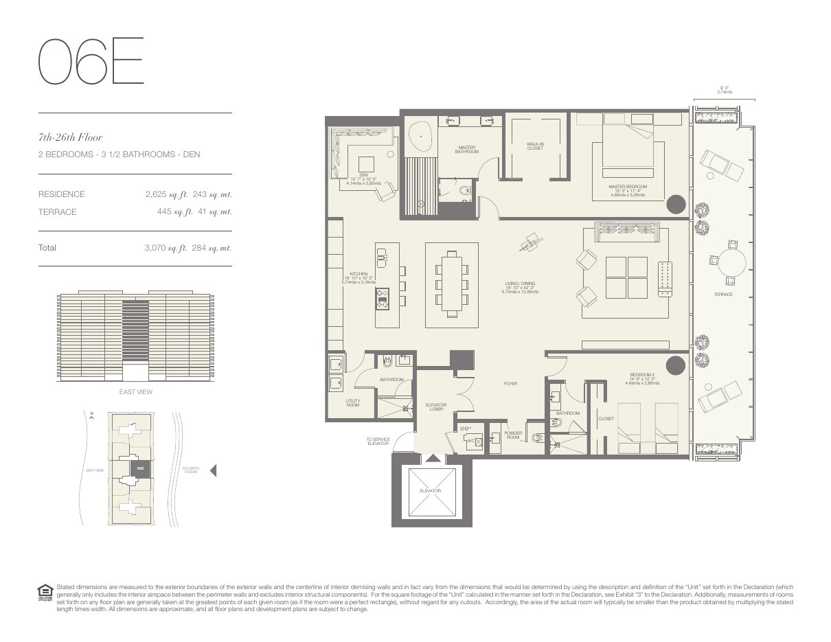 Plano 06E de Oceana Bal Harbour: 2 dormitorios, 3½ baños, 2.625 pies cuadrados de residencia y 445 de terraza