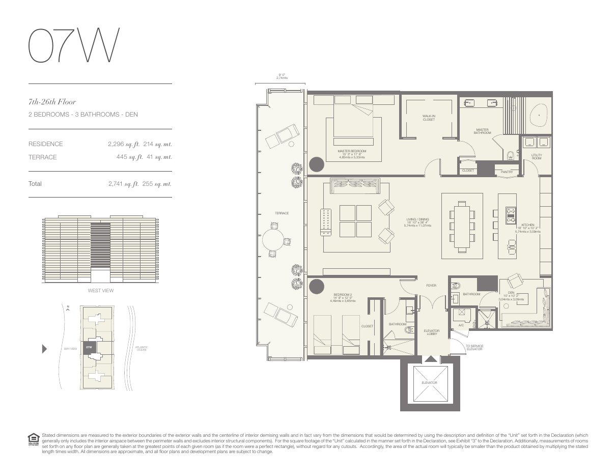 Plano 07W de Oceana Bal Harbour: 2 dormitorios, 3 baños, 2.296 pies cuadrados de residencia y 445 de terraza
