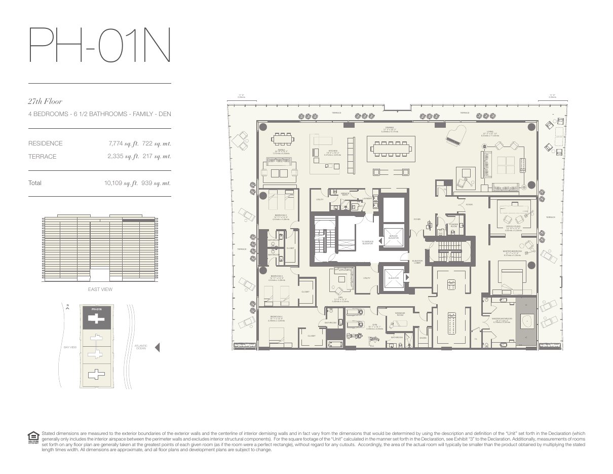 Plano PH-01N de Oceana Bal Harbour: 4 dormitorios, 6½ baños, 7.774 pies cuadrados de residencia y 2.335 de terraza