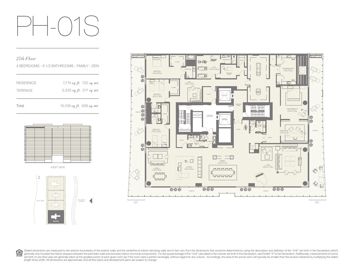Plano PH-01S de Oceana Bal Harbour: 4 dormitorios, 6½ baños, 7.774 pies cuadrados de residencia y 2.335 de terraza