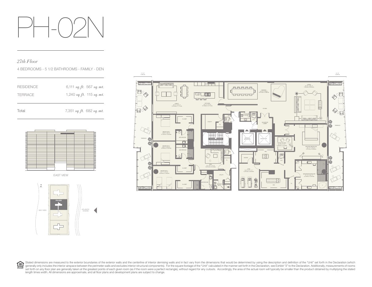 Plano PH-02N de Oceana Bal Harbour: 4 dormitorios, 5½ baños, 6.111 pies cuadrados de residencia y 1.240 de terraza