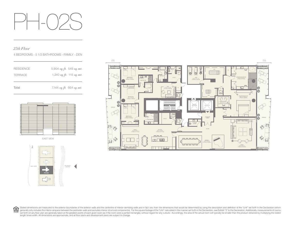 Plano PH-02S de Oceana Bal Harbour: 4 dormitorios, 5½ baños, 5.904 pies cuadrados de residencia y 1.240 de terraza