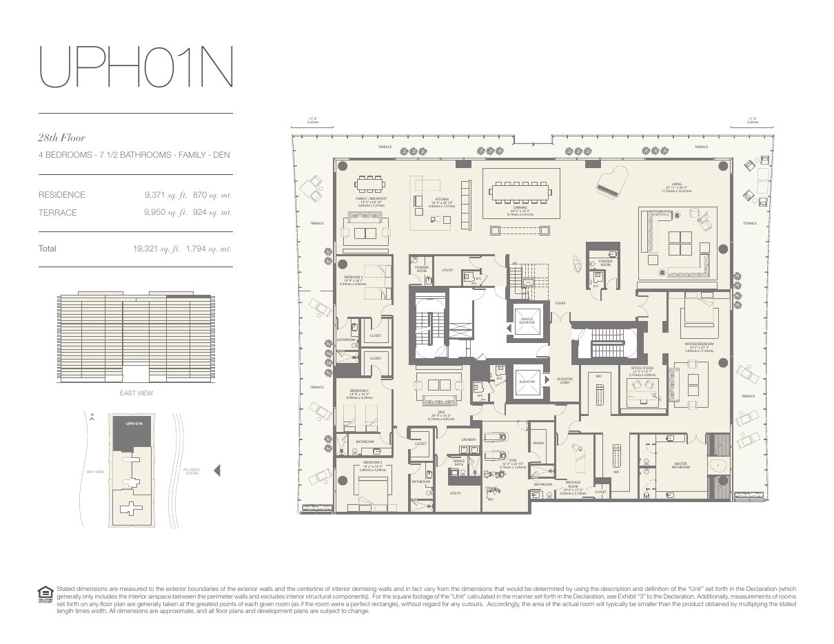 Plano UPH01N de Oceana Bal Harbour: 4 dormitorios, 7½ baños, 9.371 pies cuadrados de residencia y 9.950 de terraza