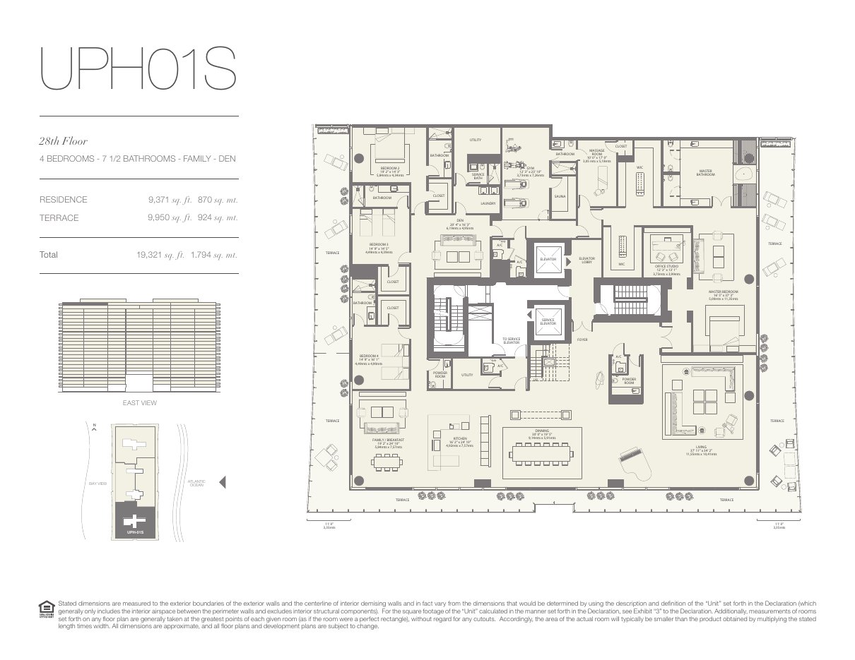 Plano UPH01S de Oceana Bal Harbour: 4 dormitorios, 7½ baños, 9.371 pies cuadrados de residencia y 9.950 de terraza