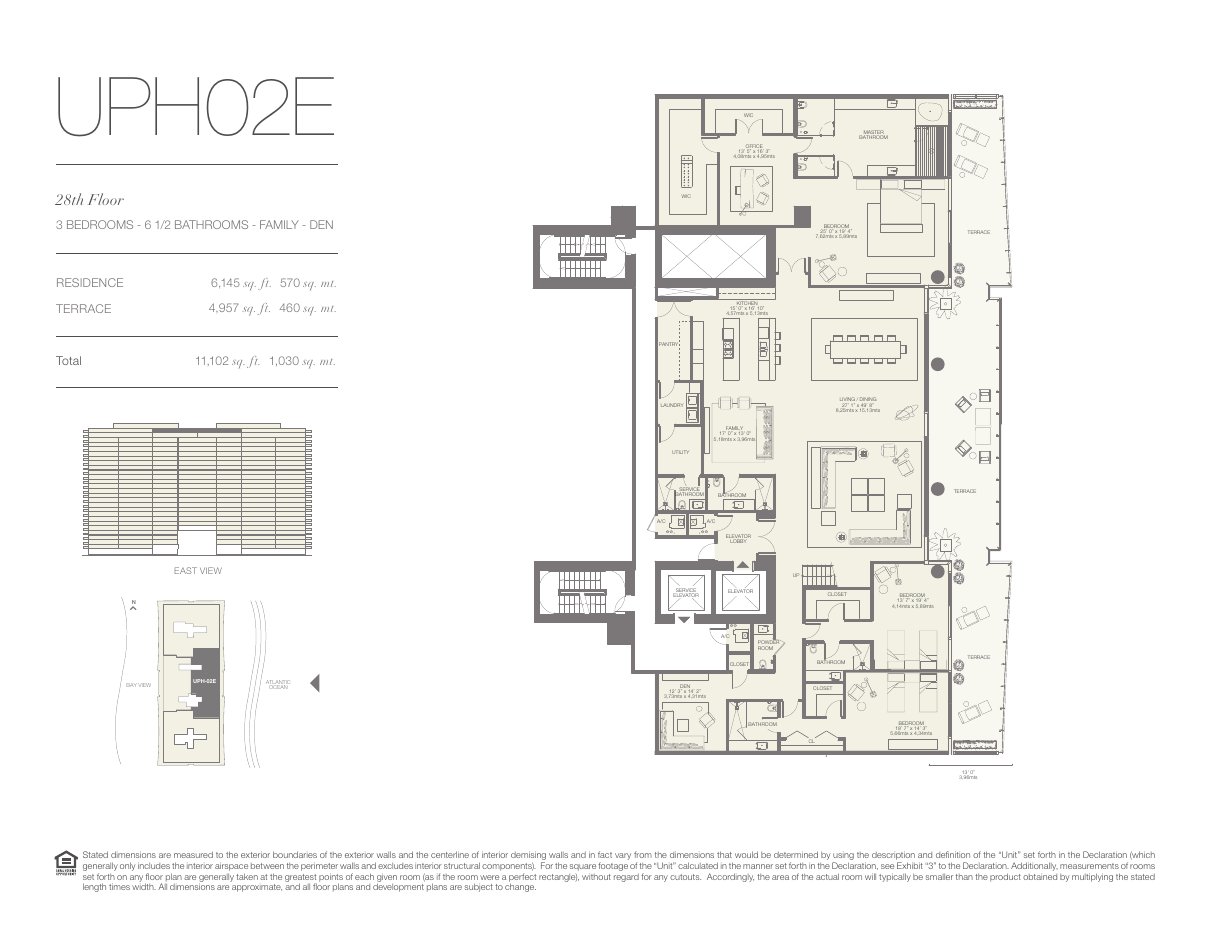 Plano UPH02E de Oceana Bal Harbour: 3 dormitorios, 6½ baños, 6.145 pies cuadrados de residencia y 4.957 de terraza