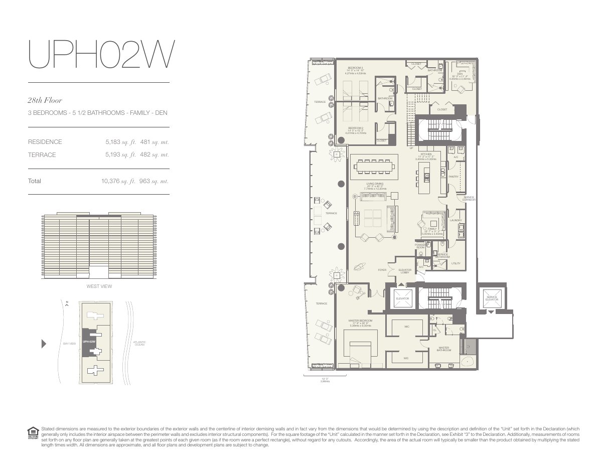 Plano UPH02W de Oceana Bal Harbour: 3 dormitorios, 5½ baños, 5.183 pies cuadrados de residencia y 5.193 de terraza