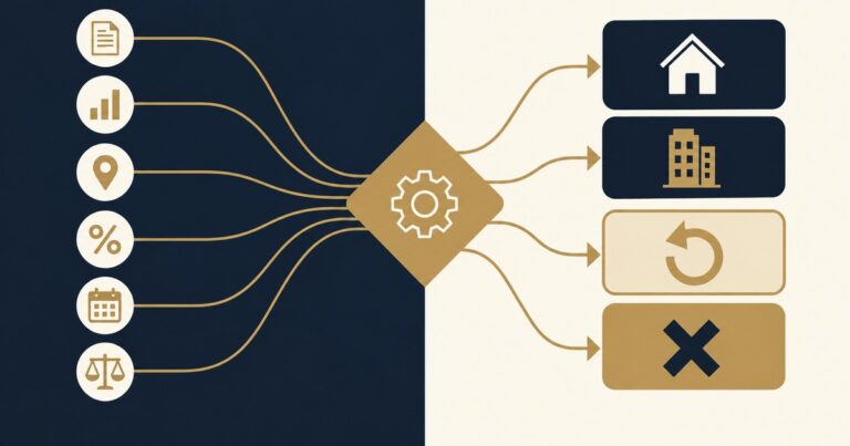 Diagrama del procedimiento de diligencia: seis variables de comparabilidad convergen en un nodo de decisión del que salen cuatro resultados, dos de compra y dos que no terminan en compra