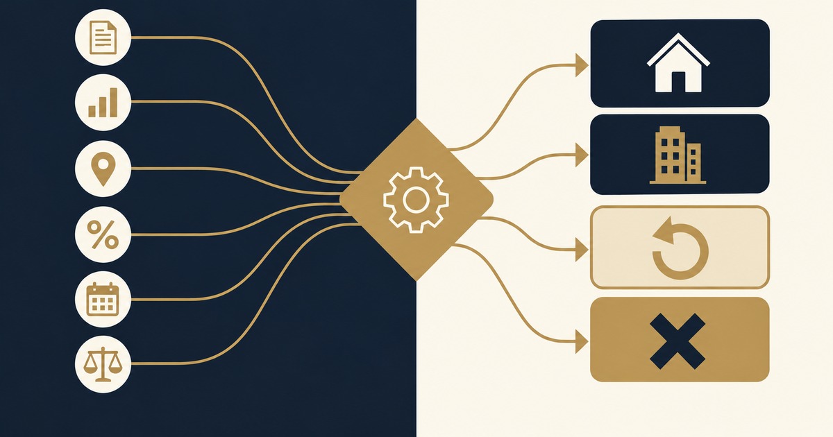 Diagrama del procedimiento de diligencia: seis variables de comparabilidad convergen en un nodo de decisión del que salen cuatro resultados, dos de compra y dos que no terminan en compra