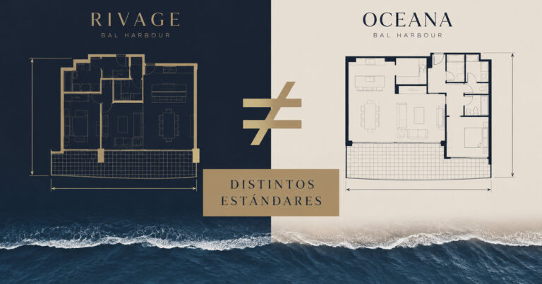 Planos de Rivage Bal Harbour y Oceana Bal Harbour lado a lado, mostrando que cada edificio mide su superficie con un estándar distinto
