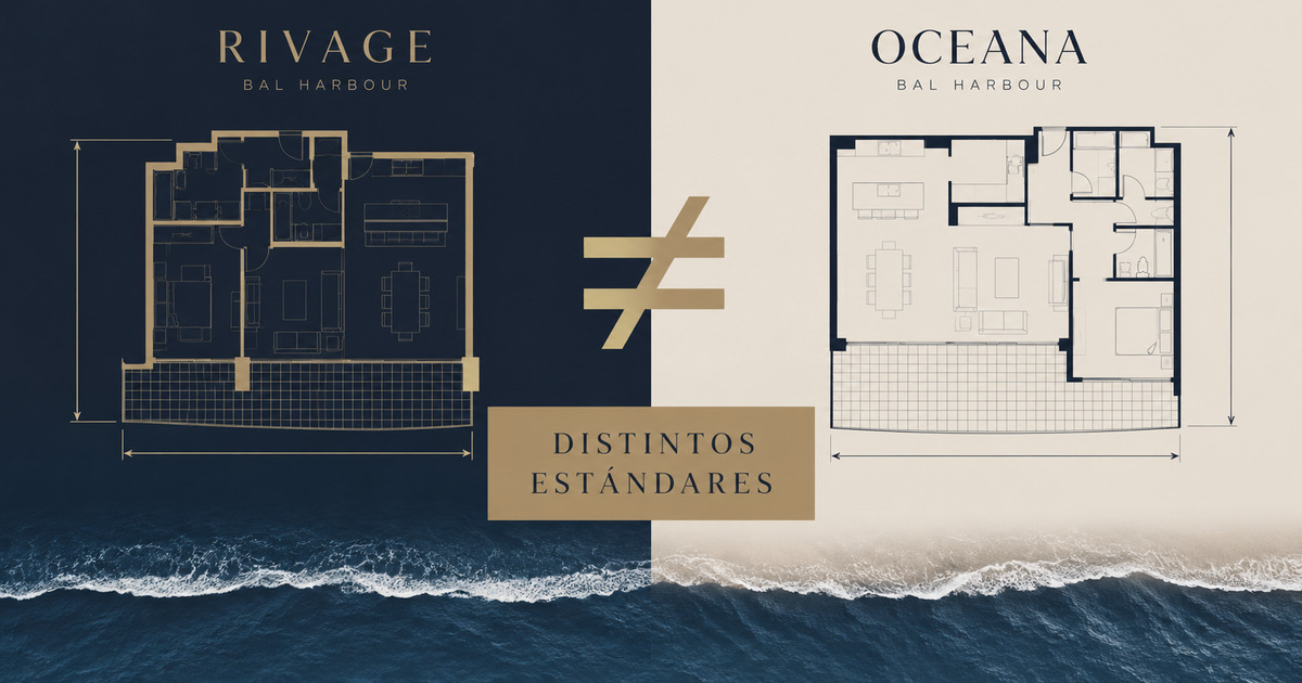 Planos de Rivage Bal Harbour y Oceana Bal Harbour lado a lado, mostrando que cada edificio mide su superficie con un estándar distinto