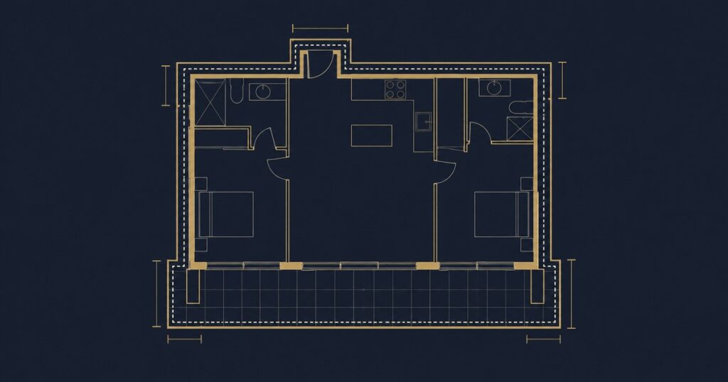 Floor plan of one apartment drawn with three different measurement boundaries