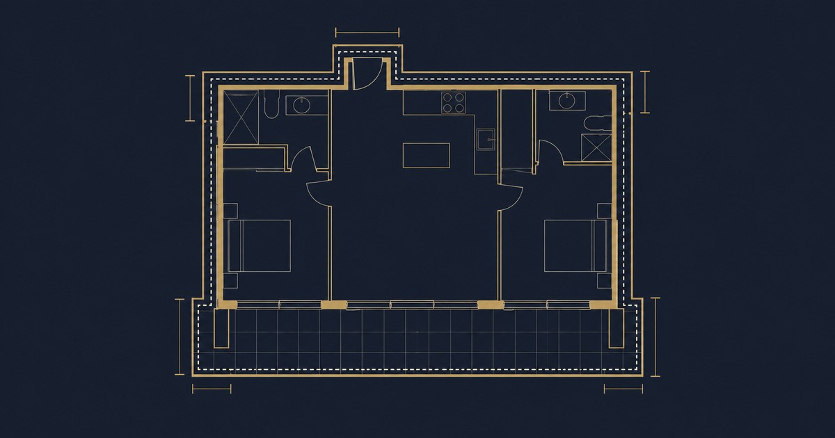 Comparación de tres convenciones de medición de superficie en una misma residencia oceanfront: interior del desarrollador, total con terraza, y superficie ajustada del catastro