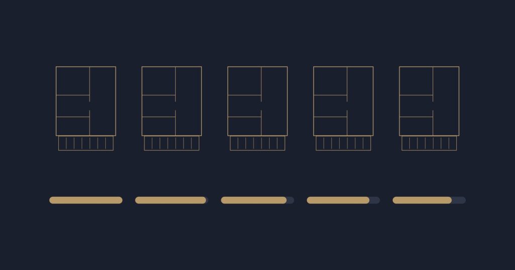 Five identical floor plans with five different asking prices shown as bars of unequal length