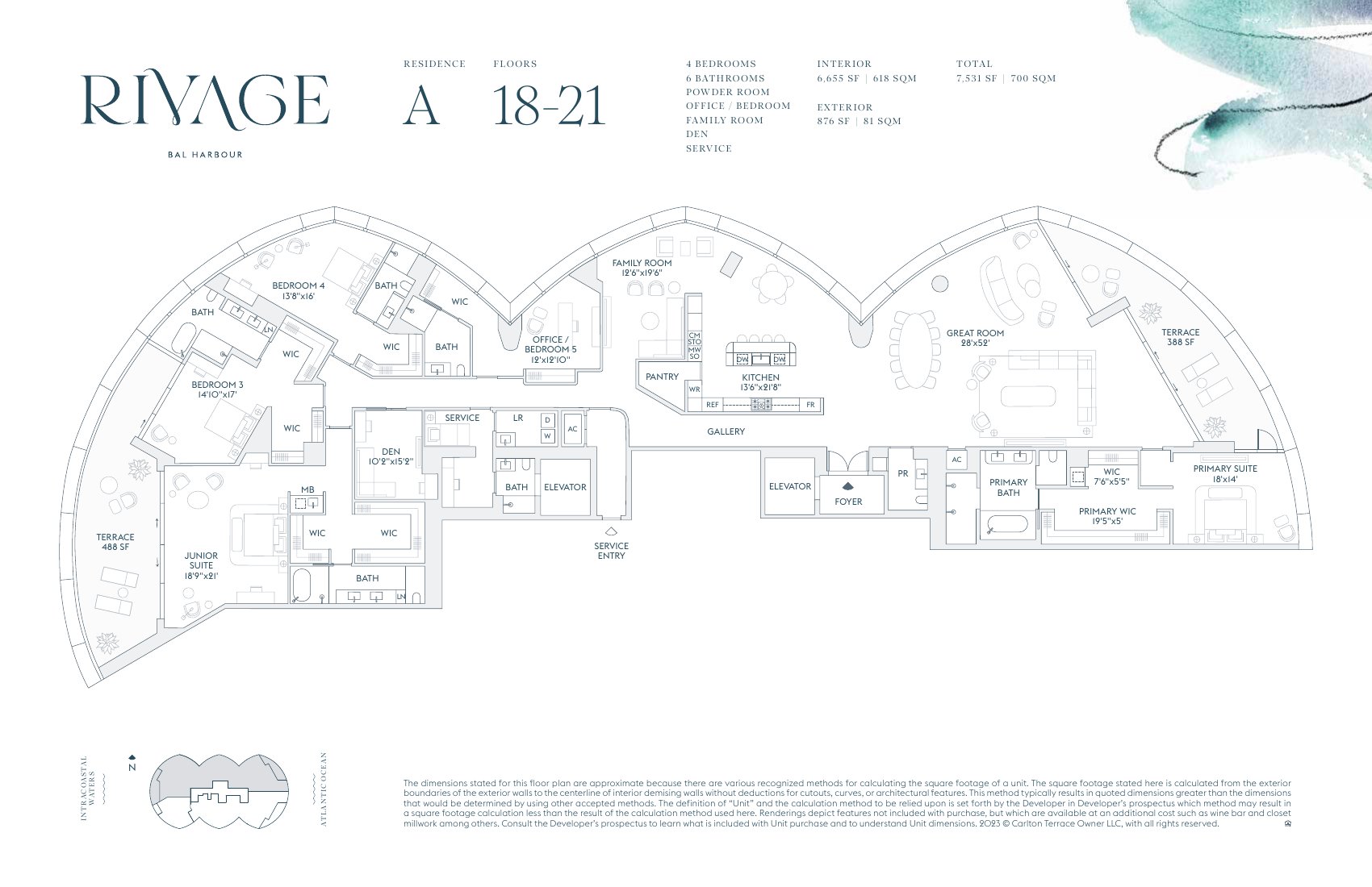 Rivage Bal Harbour residence A floor plan, floors 18 to 21