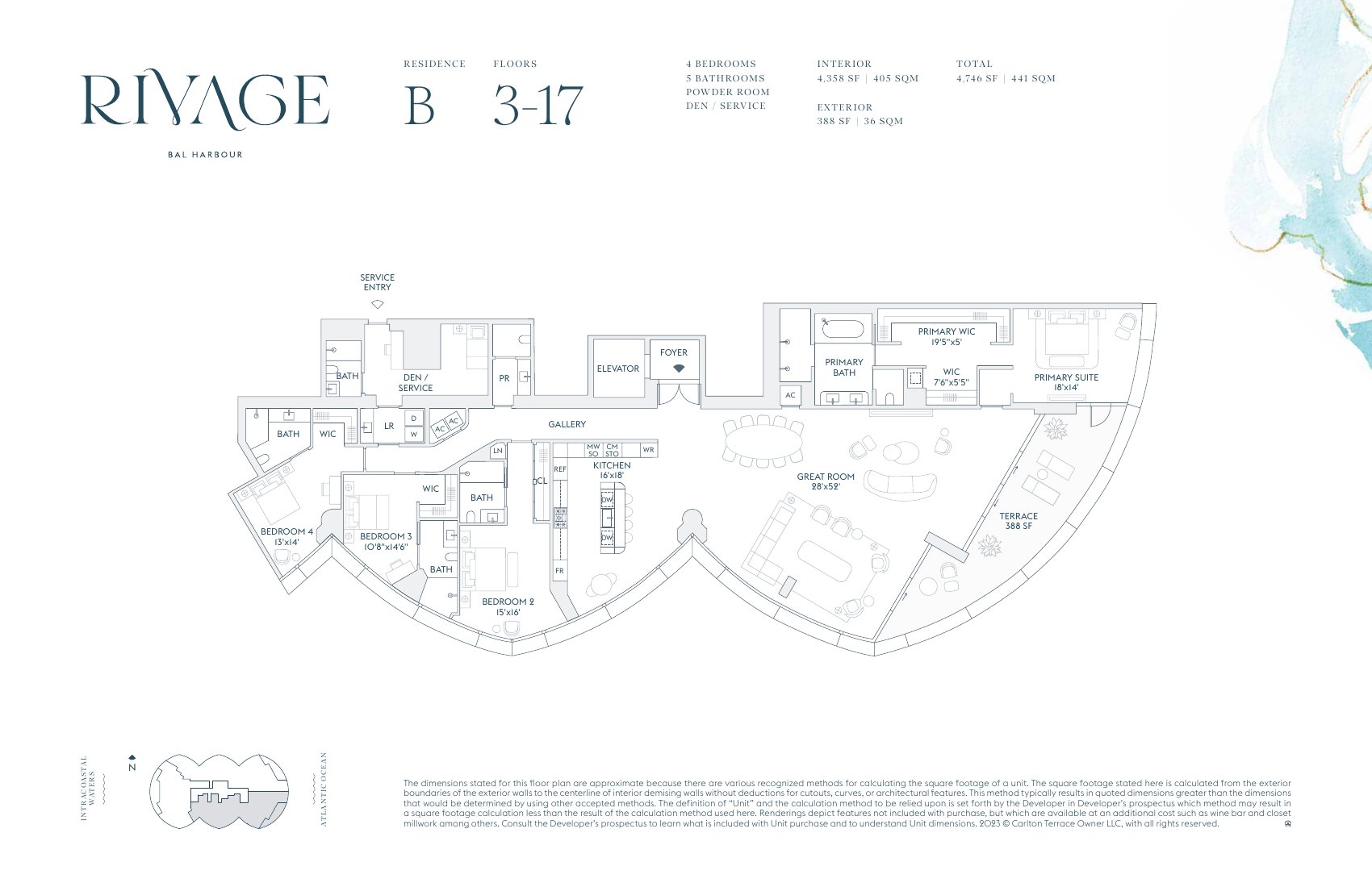 Rivage Bal Harbour residence B floor plan, floors 3 to 17
