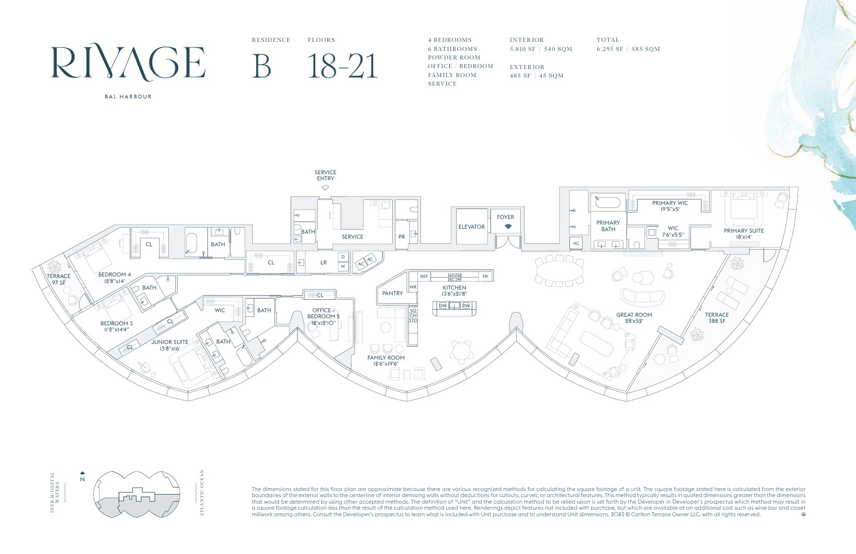 Rivage Bal Harbour residence B floor plan, floors 18 to 21