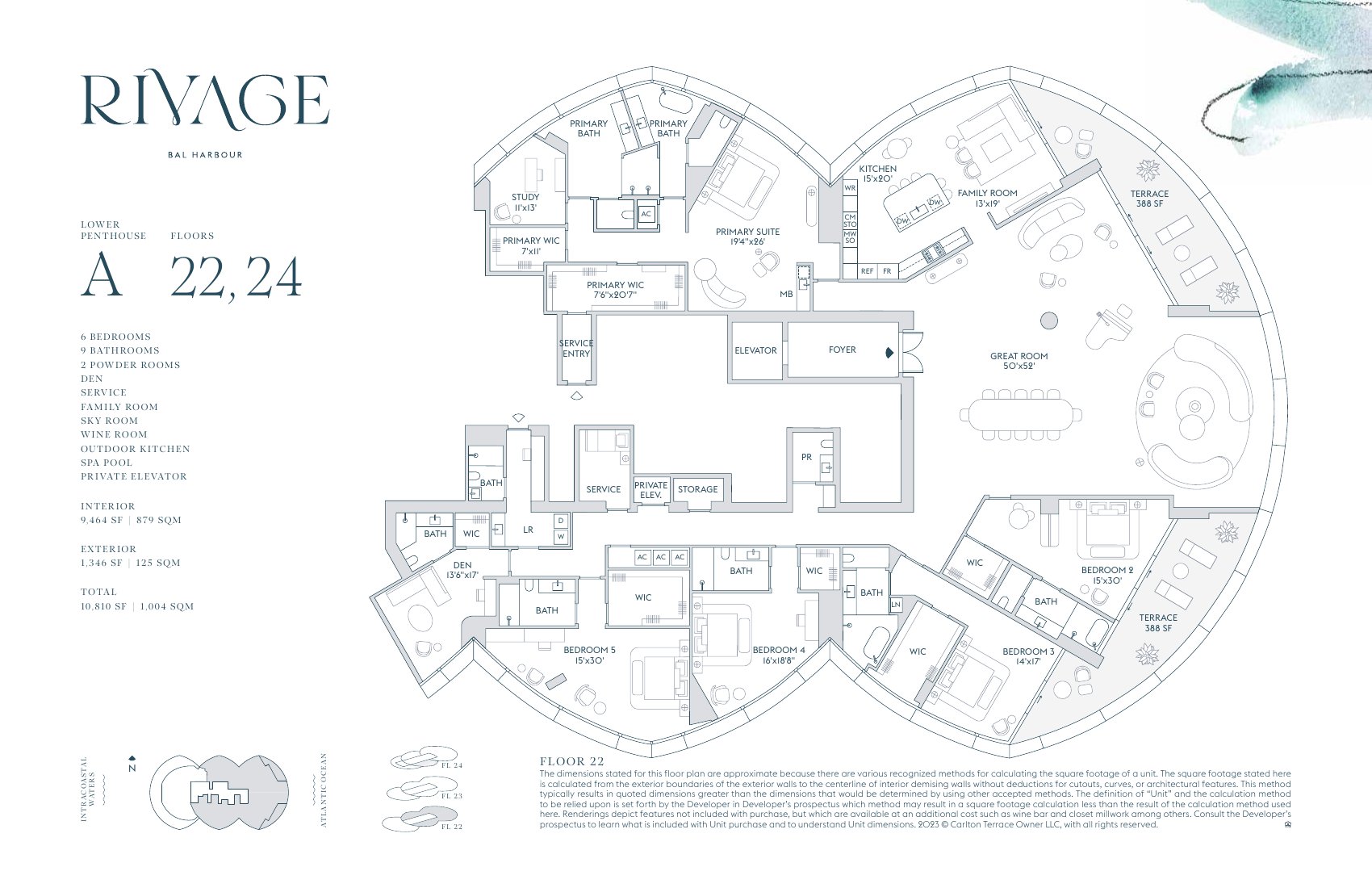 Rivage Bal Harbour Lower Penthouse A floor plan, floor 22