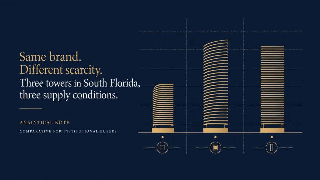 Three stylised towers of different heights in gold line-art on a navy field, titled Same brand. Different scarcity.